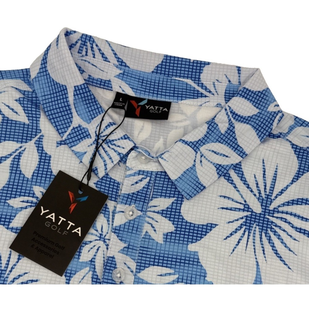 Yatta Golf Polo Mens L‎ Kahakai Polu Blue Hawaiian Floral Performance NWT